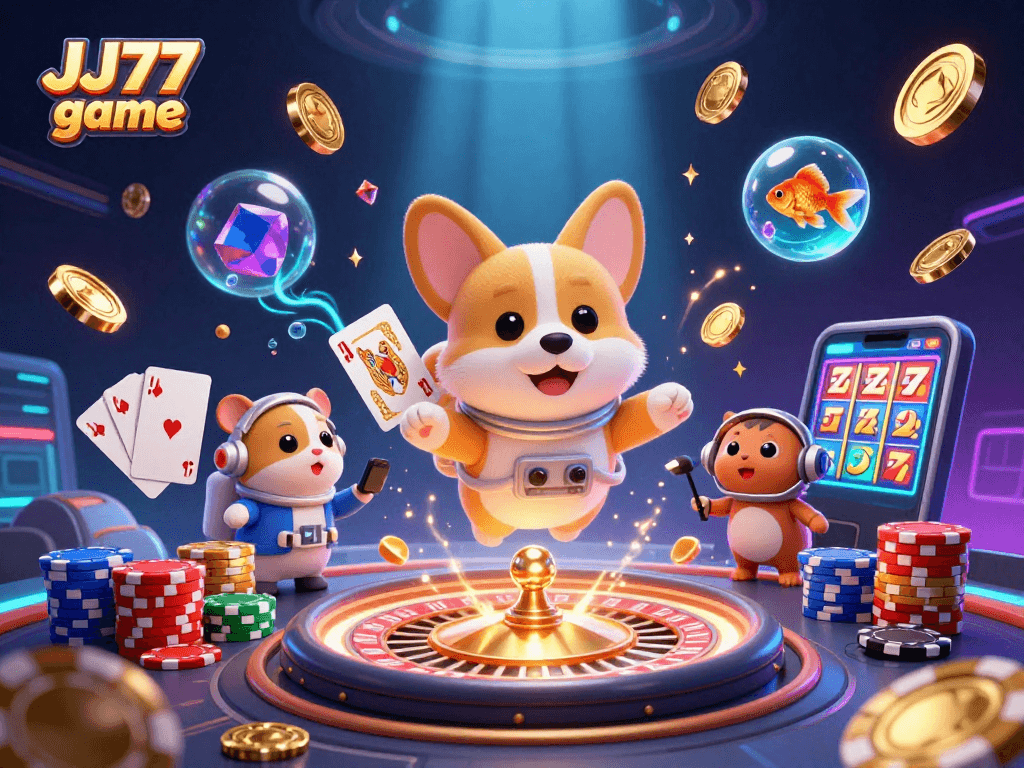 Engaging illustration of the JJ77 game featuring a corgi astronaut in a casino with floating chips and vivid effects.
