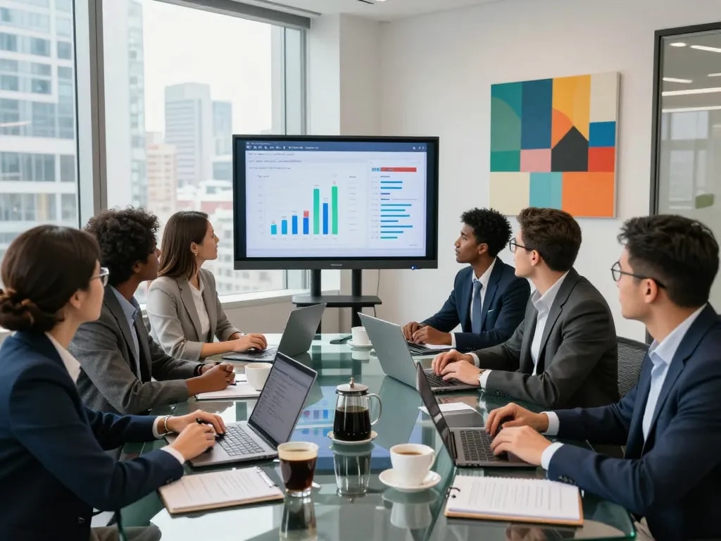 Engaging team meeting at a modern office focusing on strategic discussions in search firms.