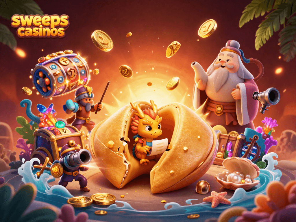 Engage with sweeps casinos featuring vibrant 3D elements and colorful characters in an exciting scene.