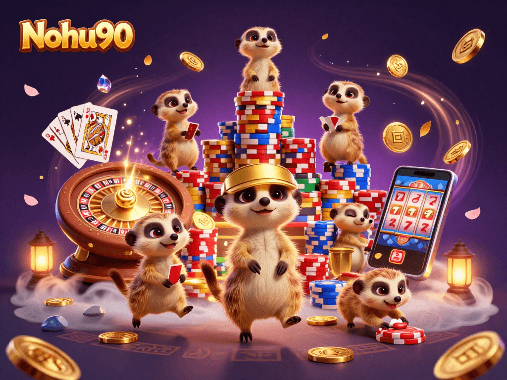 Nohu90 meerkats managing a vibrant casino scene with golden coins and a roulette wheel