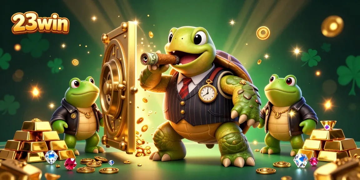 Engage with 23win's vibrant casino experience featuring a snapping turtle and bullfrogs amid treasure.