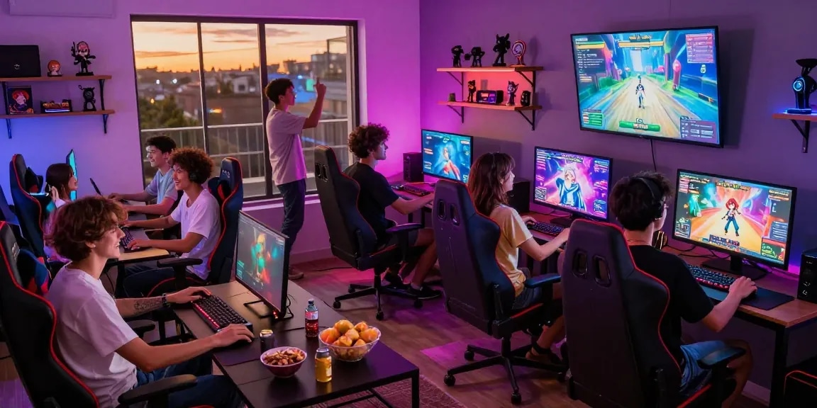 Friends enjoying hentaigames together in vibrant gaming lounge filled with colorful lights and dynamic visuals.