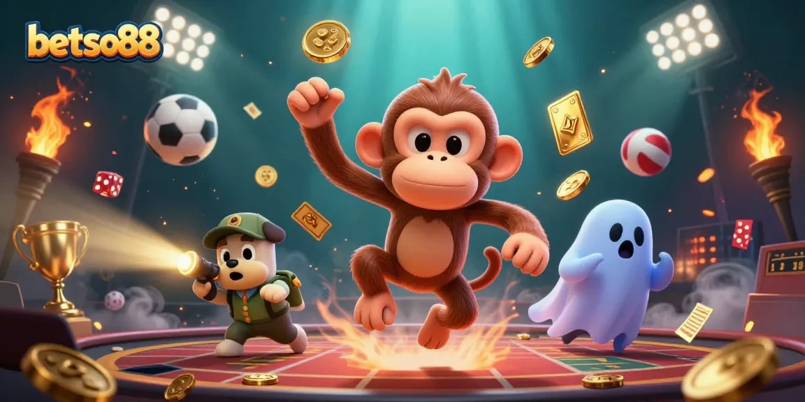 betso88 showcases a gaming adventure with a poltergeist monkey and ghost-hunter puppy in a dynamic casino scene.