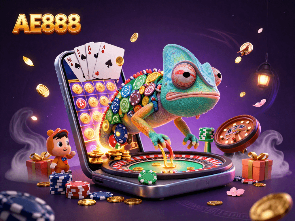 Spin the reels with AE888's vibrant casino universe, featuring a chameleon owner and golden coins.