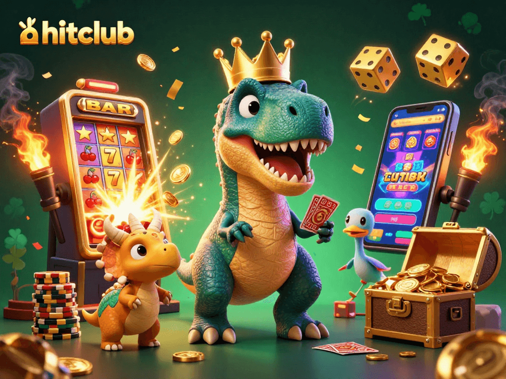 hitclub engages in exciting slot play with a fun T-Rex and friends, surrounded by colorful casino elements.