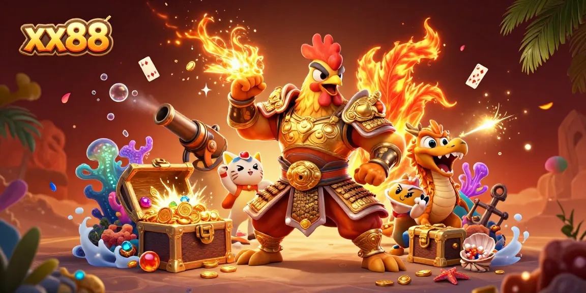 Experience thrilling gameplay at xx88 with our action-packed casino scene featuring vibrant characters and gold rewards.