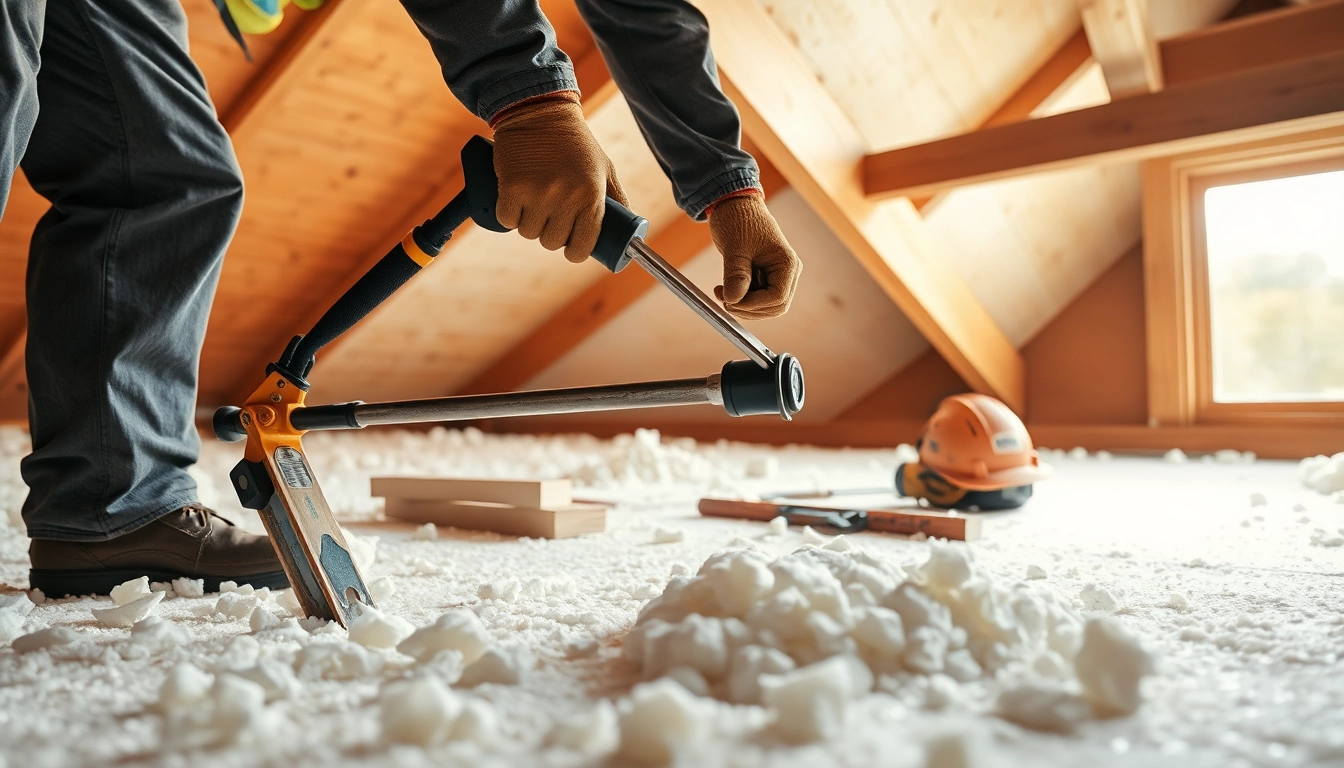 Efficient roof spray foam insulation removal by a professional in a well-lit attic.