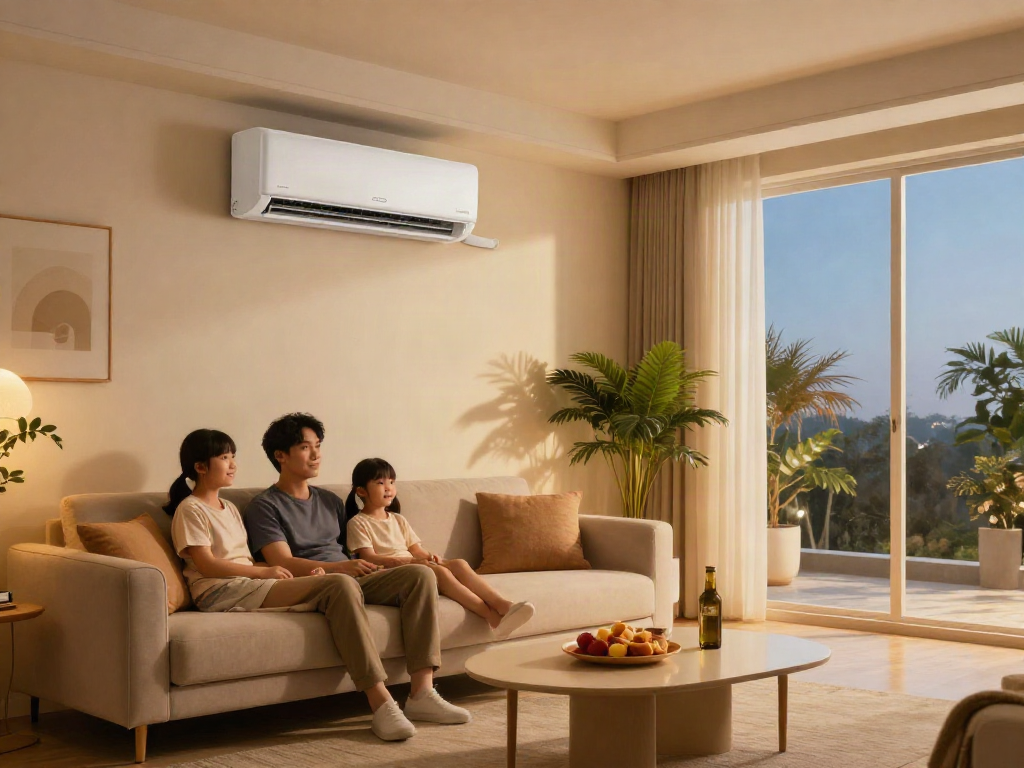 Modern living room showcasing a mini split air conditioner while family enjoys movie night, cozy and inviting atmosphere.