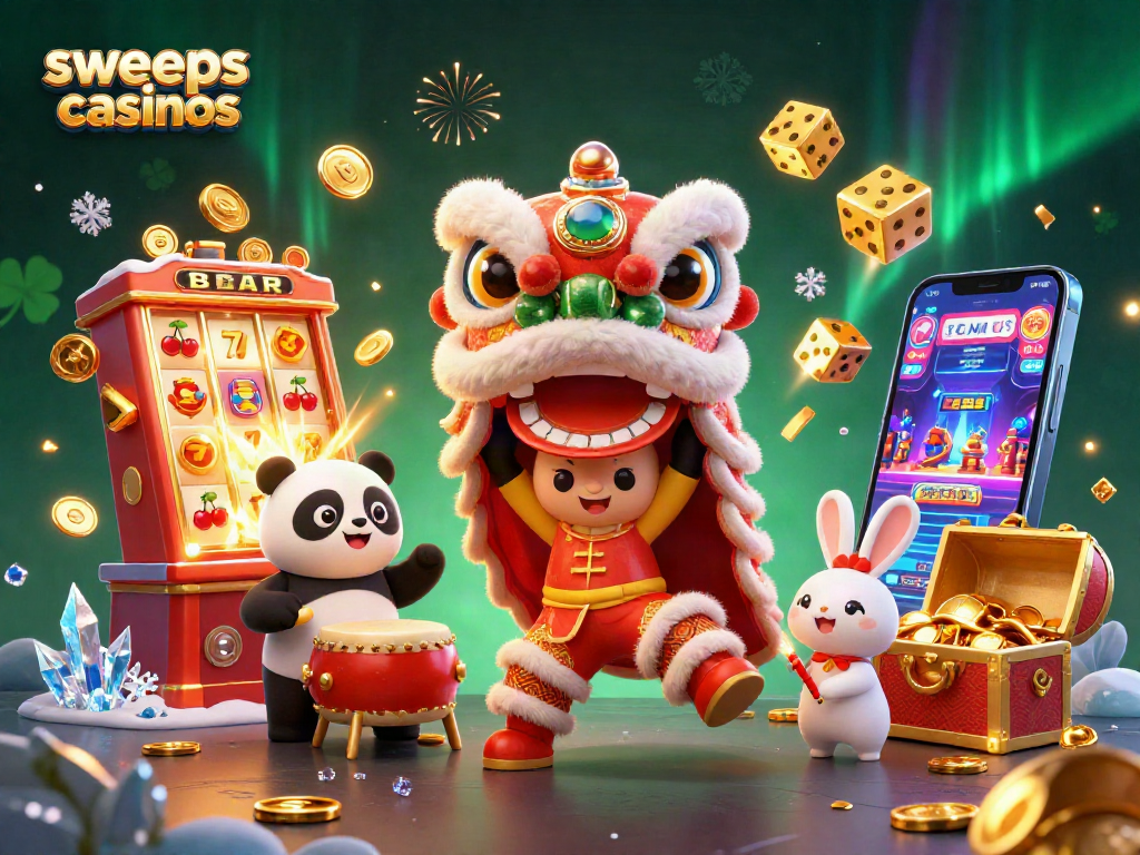 Sweeps casinos come alive in a festive scene with a lion dance, drumming panda, and vibrant slot machines.