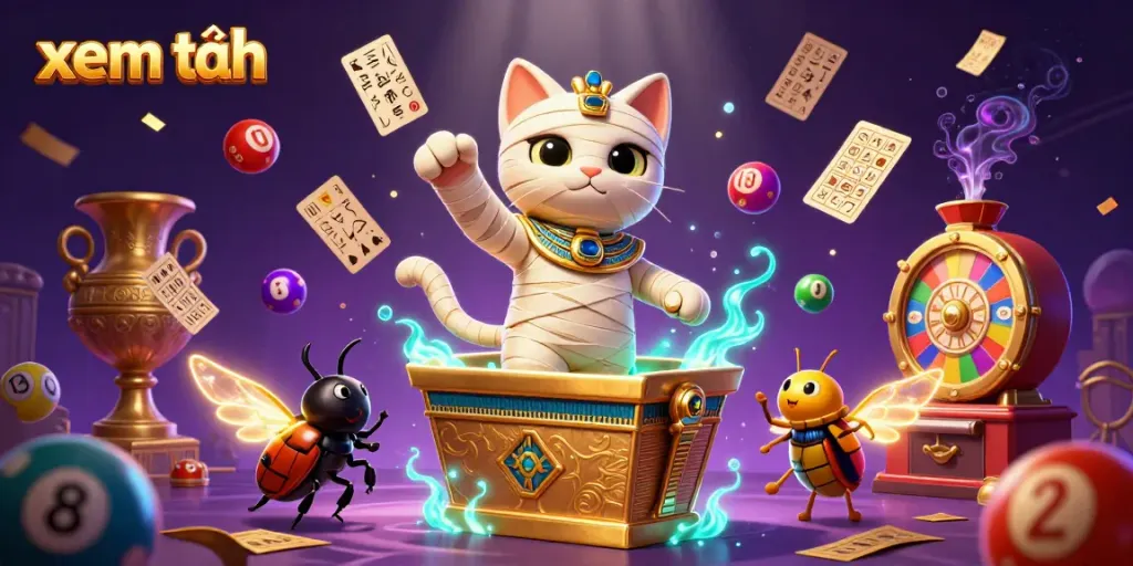 Experience vibrant gaming action with the Egyptian mummy cat and scarab beetle in a dynamic casino scene featuring xem thêm elements.