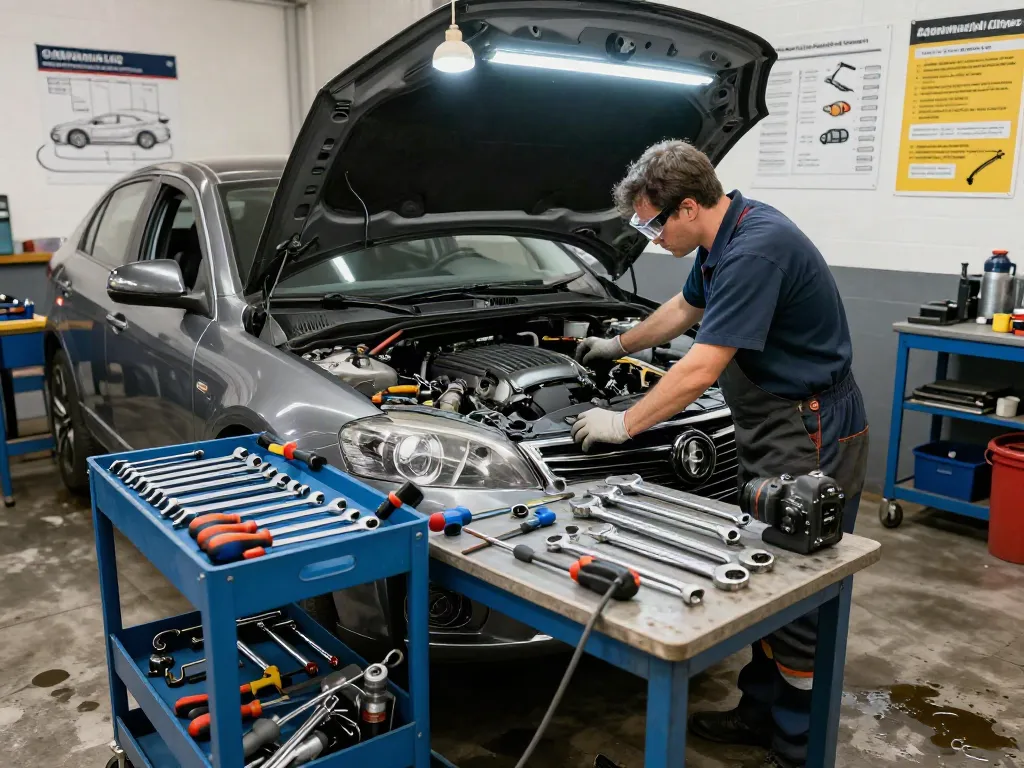 Mechanic using hazet tools to repair a car engine in a bright workshop.