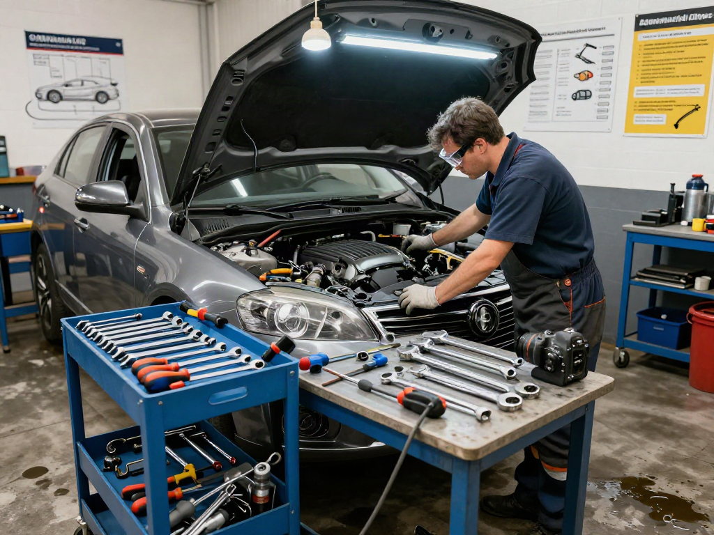 Mechanic using hazet tools to repair a car engine in a bright workshop.