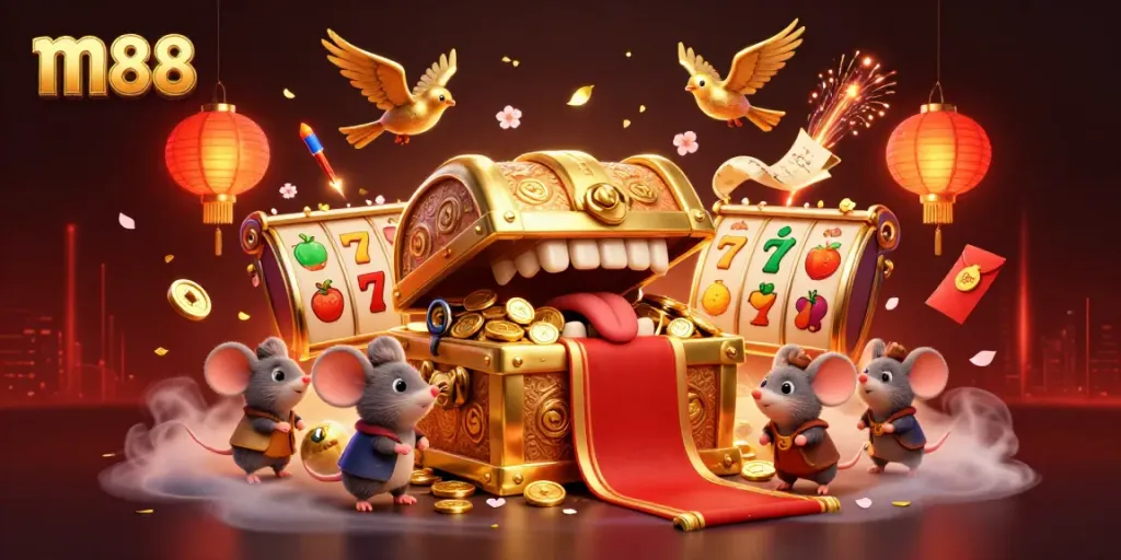 Play captivating m88 slot games with a mesmerizing treasure chest and rich game elements.