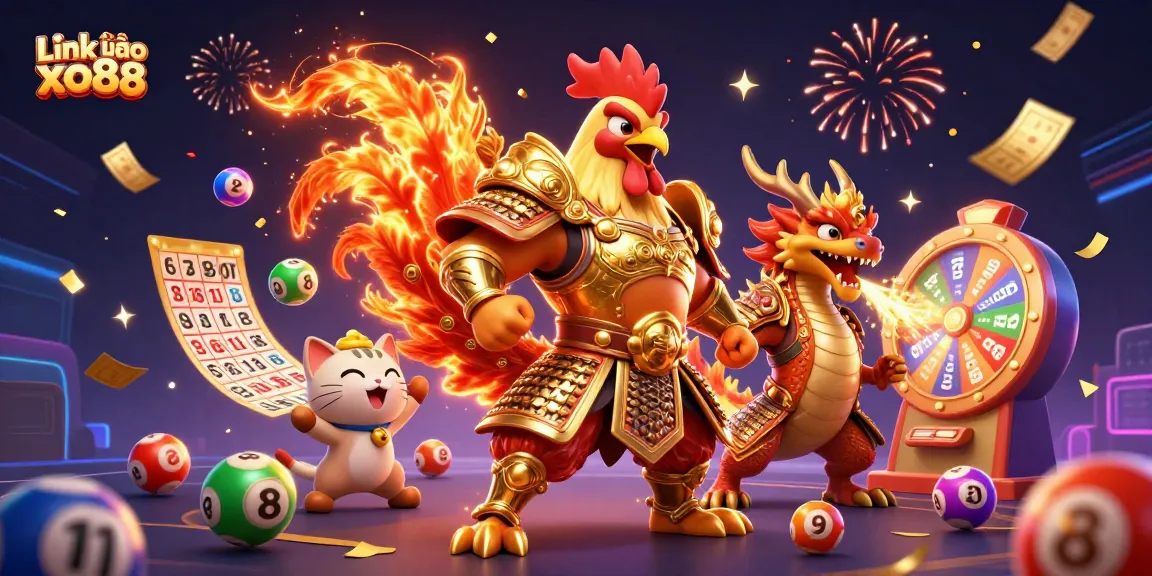 Engage with Link vào xo88 using vibrant lottery balls and festive casino elements in a dynamic scene.