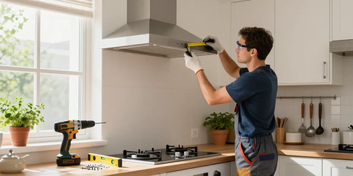 Professional exhaust hood installation process in a modern kitchen with tools and fresh herbs.