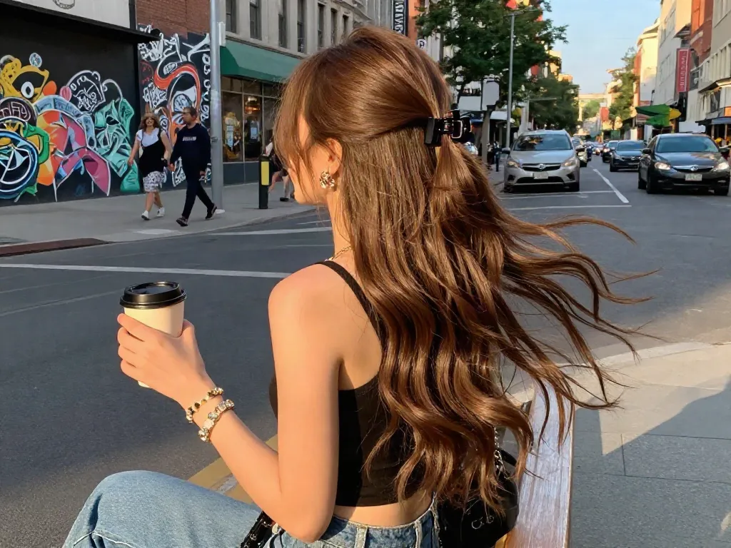 Stylish woman demonstrating seamless hair extensions clip in in urban setting during golden hour.
