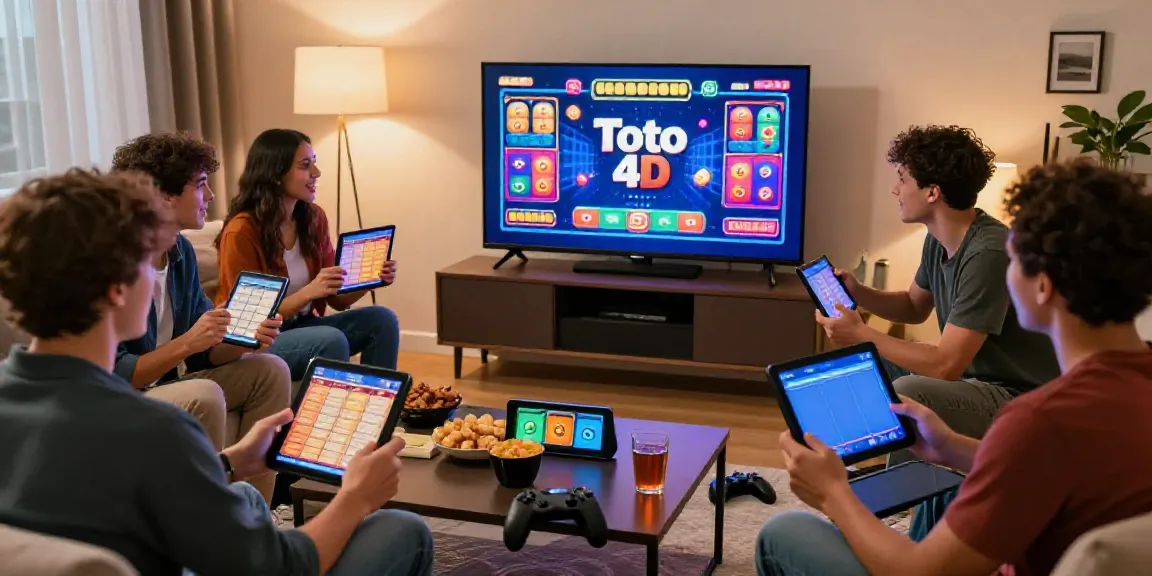Engaged friends enjoying Toto 4D lottery game on https://bukadl.site, surrounded by snacks and excitement.