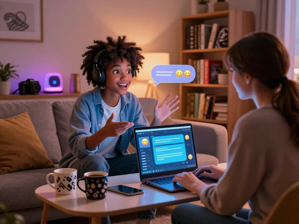AI NSFW character engaging in playful chat on a laptop, cozy digital space