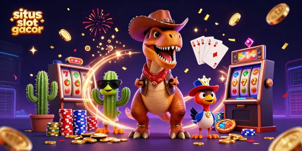 Experience the thrill of situs slot gacor with a dynamic 3D casino illustration featuring a T-Rex and colorful slots.
