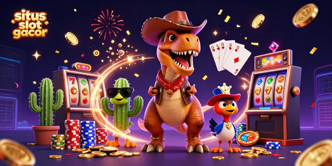 Experience the thrill of situs slot gacor with a dynamic 3D casino illustration featuring a T-Rex and colorful slots.
