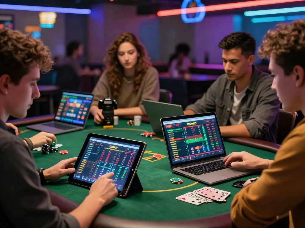 Diverse group of friends enjoying online gambling with DEBET in a vibrant lounge.