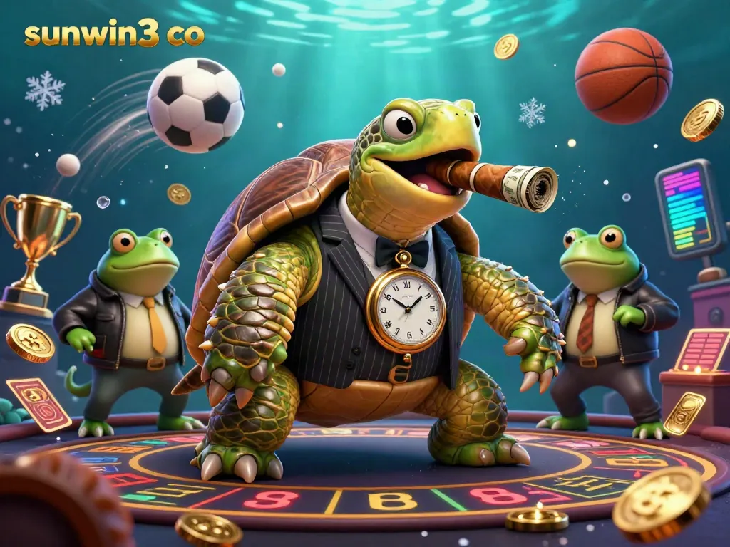 Engage with sunwin3 co in a vibrant casino scene featuring a snapping turtle mobster and bullfrog enforcers.
