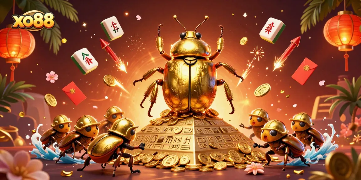 Spin and win with xo88 as the golden beetles roll coins to victory amidst a vibrant casino scene.