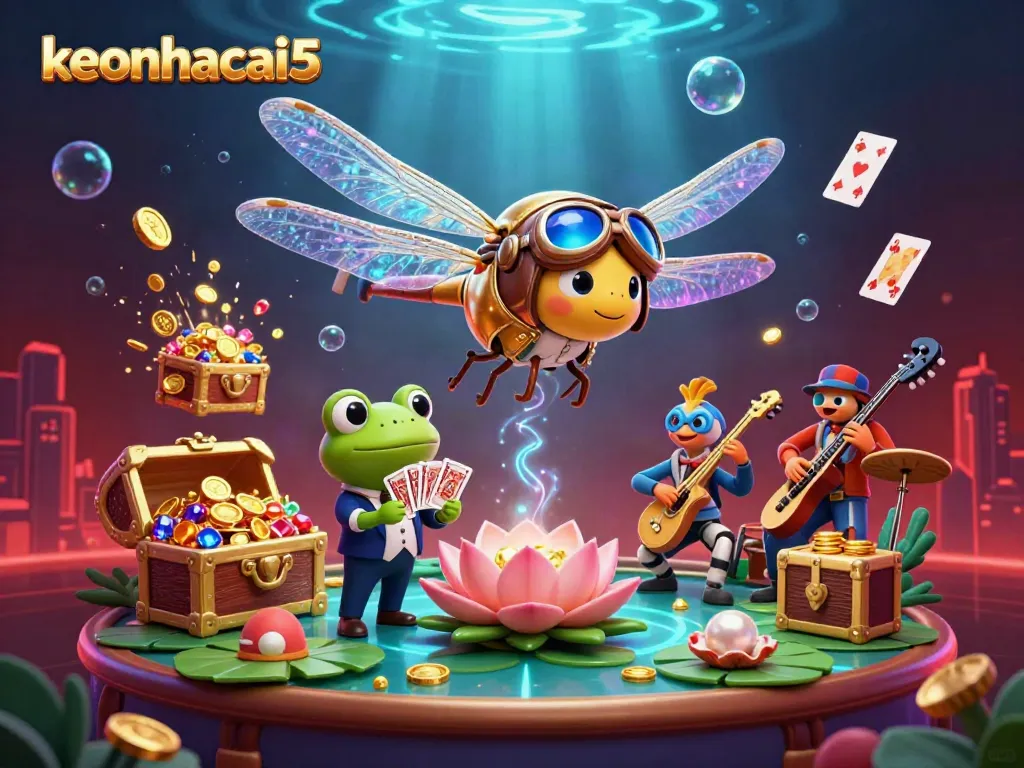 Experience the thrill of wagering with keonhacai5 at this vibrant lily pad casino scene, featuring dynamic characters and colorful game elements.