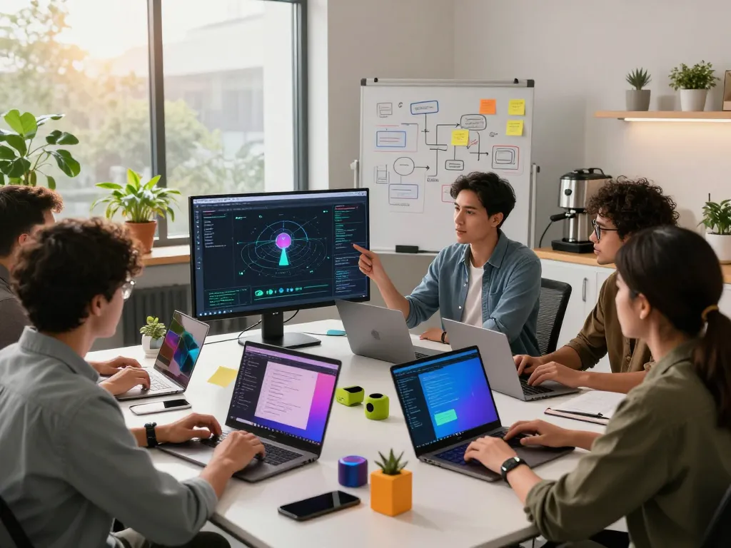 Team collaborating on Kling AI video generation in a modern workspace