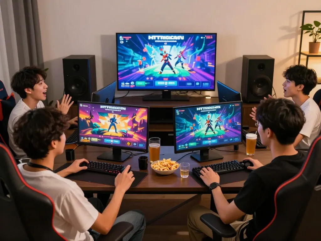 Group enjoying HTML porn games on a big screen in a cozy gaming room.