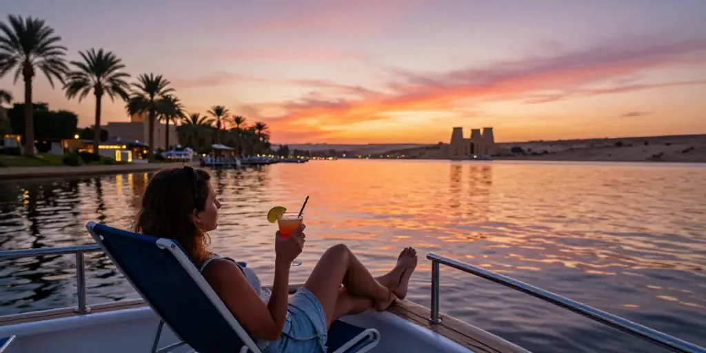 Lake Nasser Cruise scene with a traveler enjoying sunset views from a luxury boat.