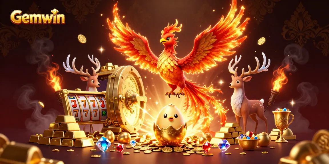 Engage in the dazzling world of Gemwin with a vibrant illustration of a phoenix, baby phoenix, and stag amid sparkling treasures.