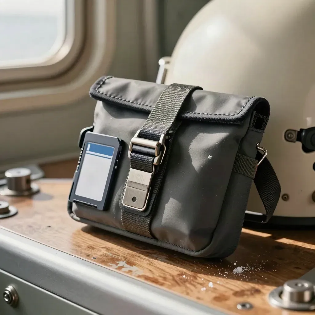 Waypoint pouch, plotter cradle, and memory card shell ready at a boat helm