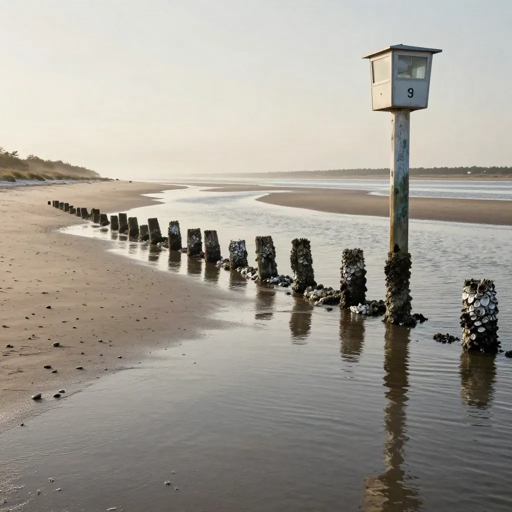 Low tide sandbars and oyster-streaked pilings beside a tide gauge post at Hatteras Pass.