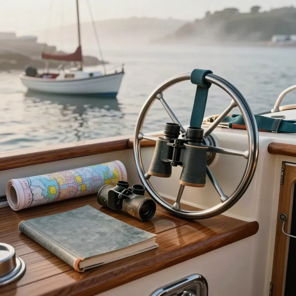 Teak cockpit helm with chart tube, binocular case, logbook, and moored skiff in sea mist
