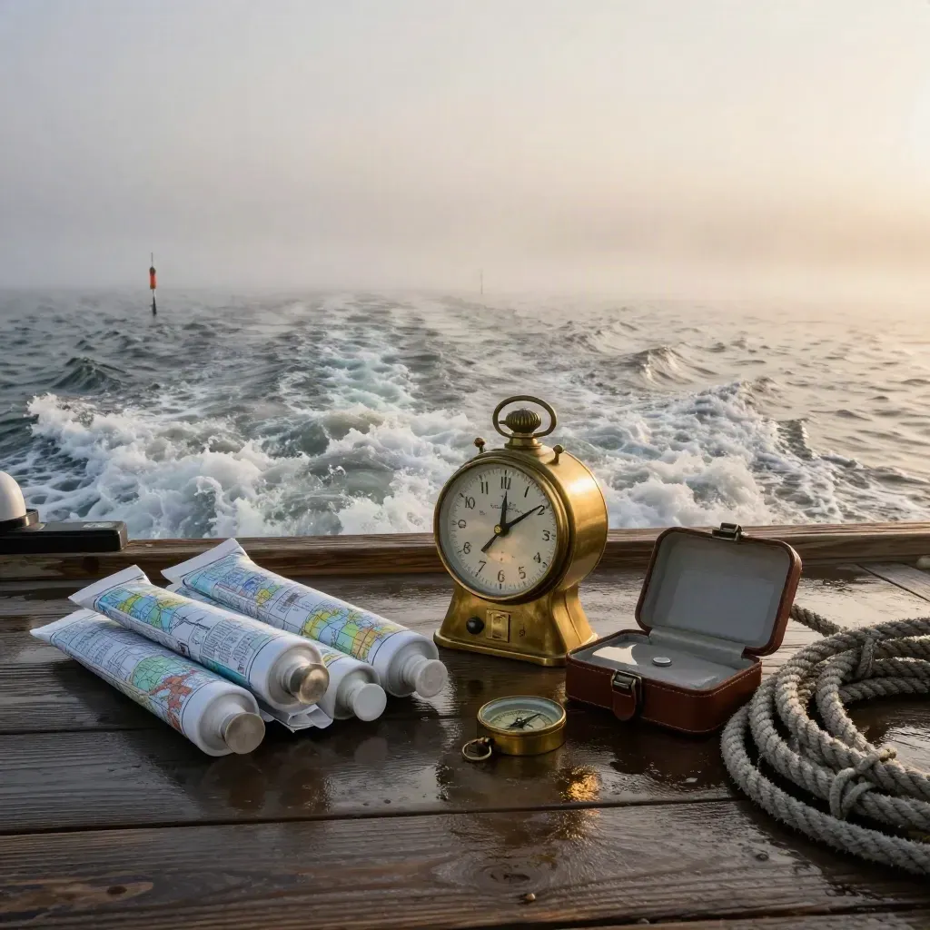 Foggy Hatteras inlet departure gear by a dawn channel wake.