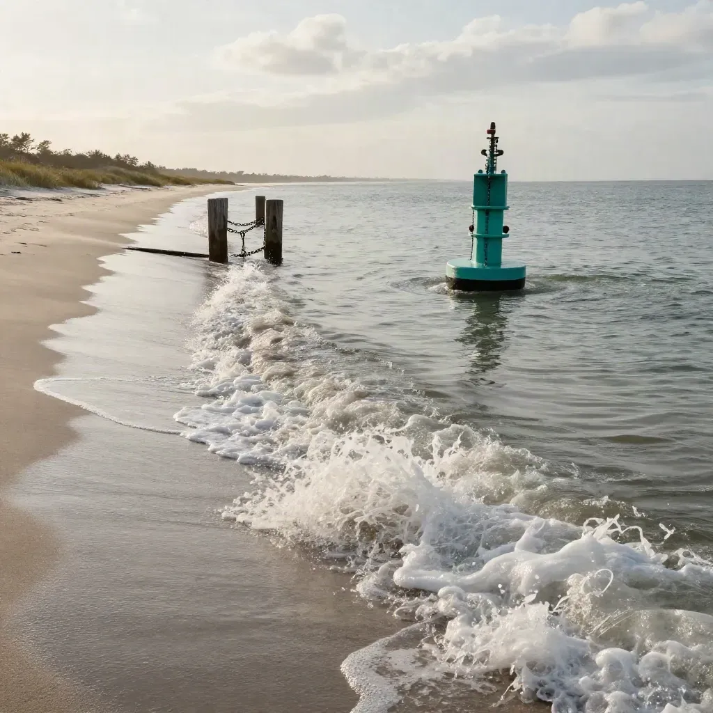 Fresh channel buoy and marker line guiding clean current through Hatteras inlet.