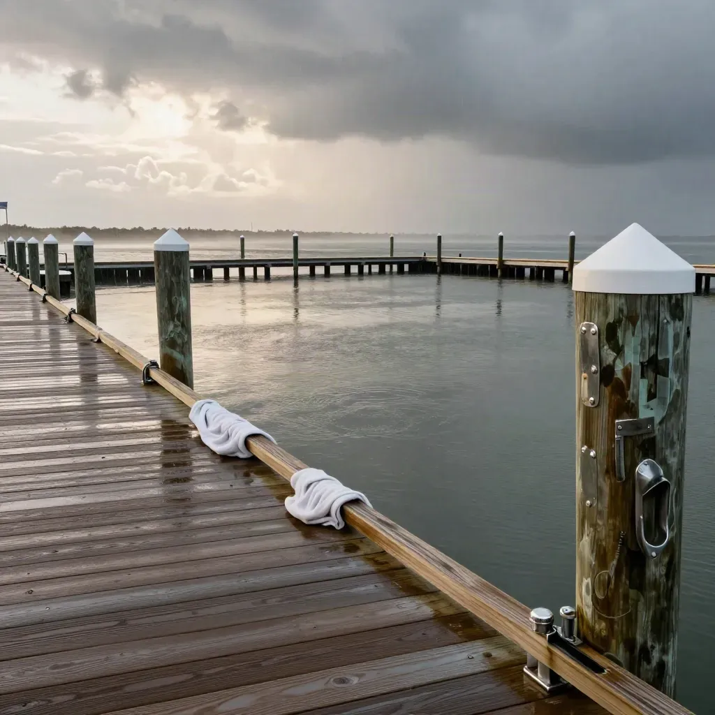 Protected marina slip with calm basin water and storm front beyond