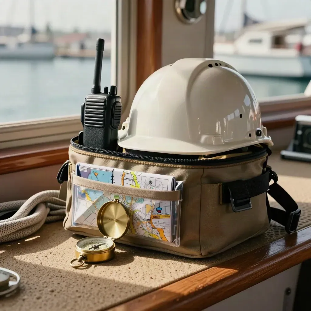 Dockside helm with VHF radio, emergency kit, compass and folded map in warm morning light