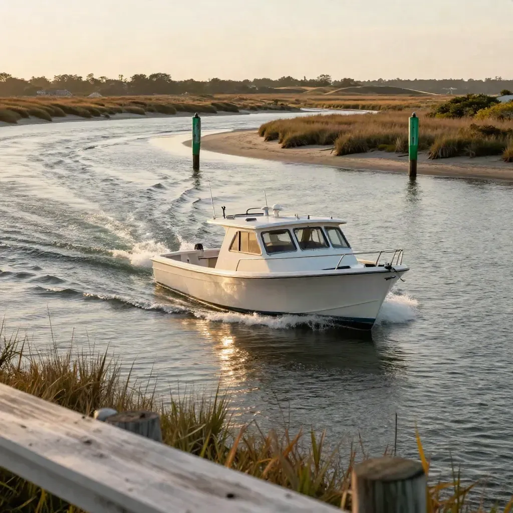 Empty charter boat threads Hatteras Inlet at sunrise with clean wake and green markers.