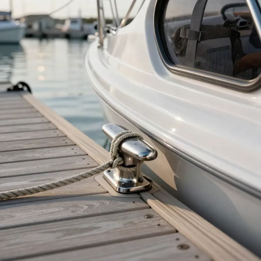 White fender, dock line, and cleat on a family cruiser tied at a calm Hatteras marina slip.