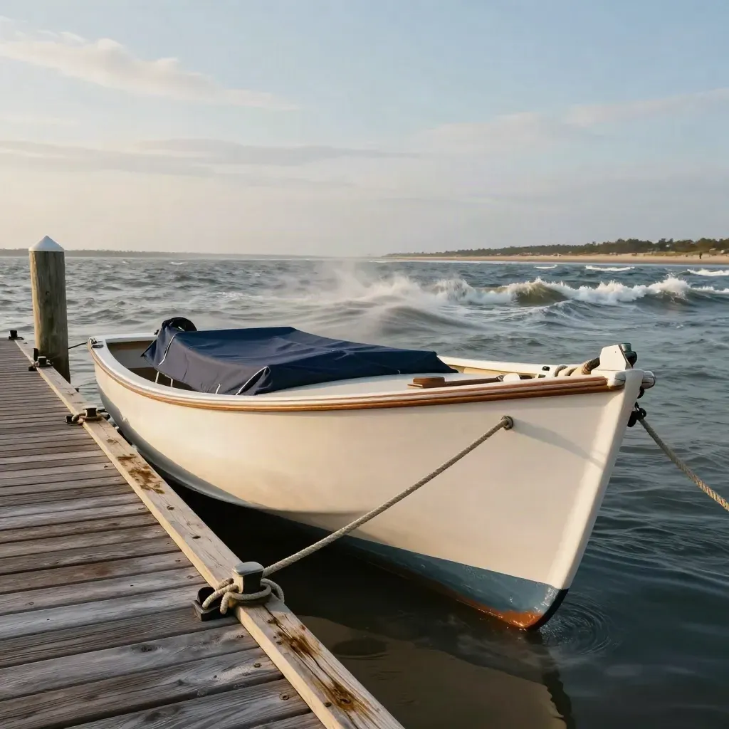 Runabout tied at a dock as rough chop rolls outside the inlet under clearing sky