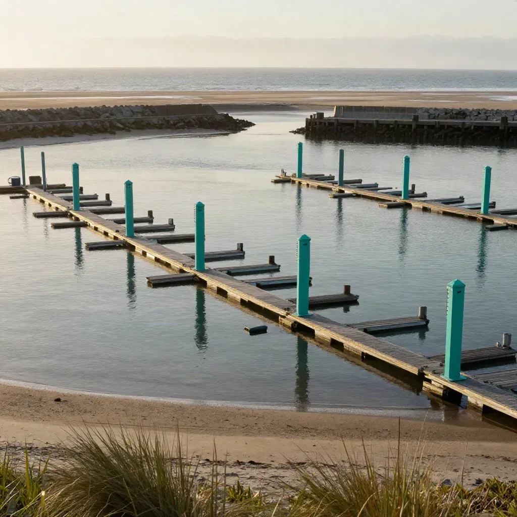 Elevated view of marina slips, teal markers, and inlet mouth beyond the breakwater.