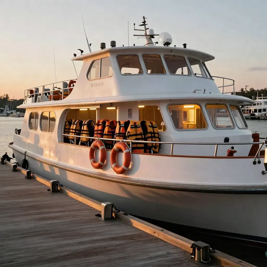 Docked tour boat at sunset with life vests, life rings, and glowing cabin lights