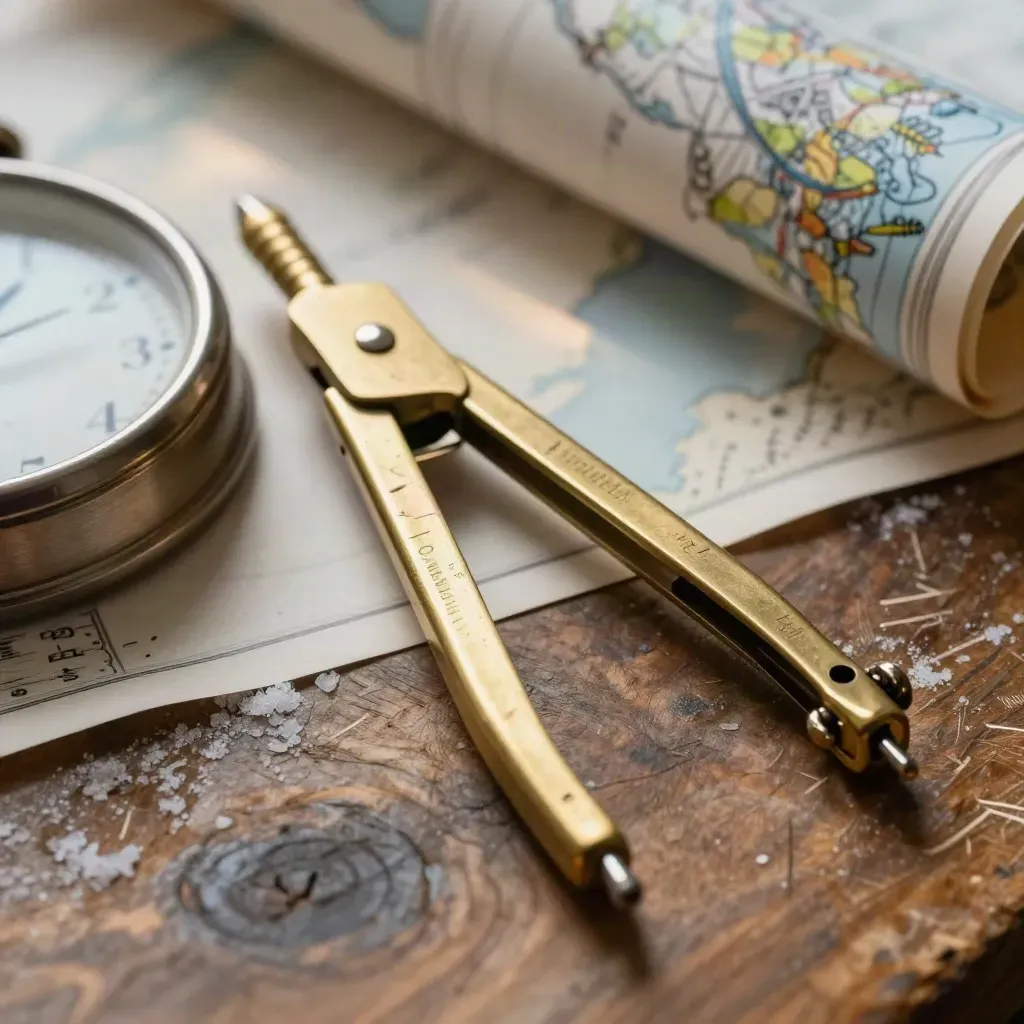 Brass chart dividers beside a tide clock rim and rolled coastal chart tube on weathered wood.