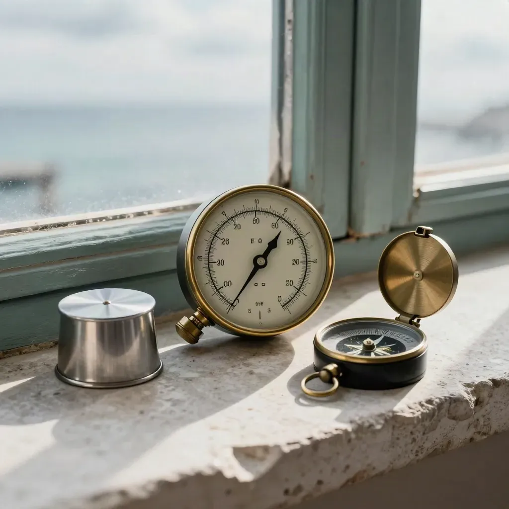 Barometer, anemometer, and salt-speckled compass on a stone sill under moving cloud shadow