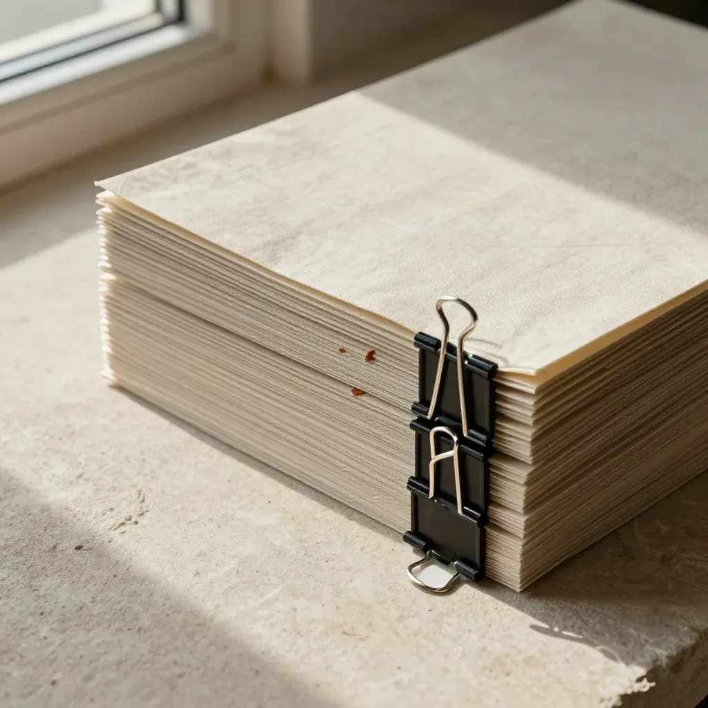 Chart sleeves, binder clips, and wax shavings on linen under raking light.