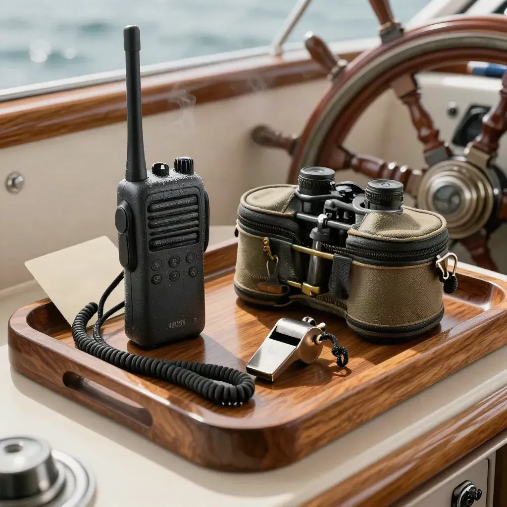VHF radio, binocular case, whistle, and lanyard in a varnished yacht helm tray.