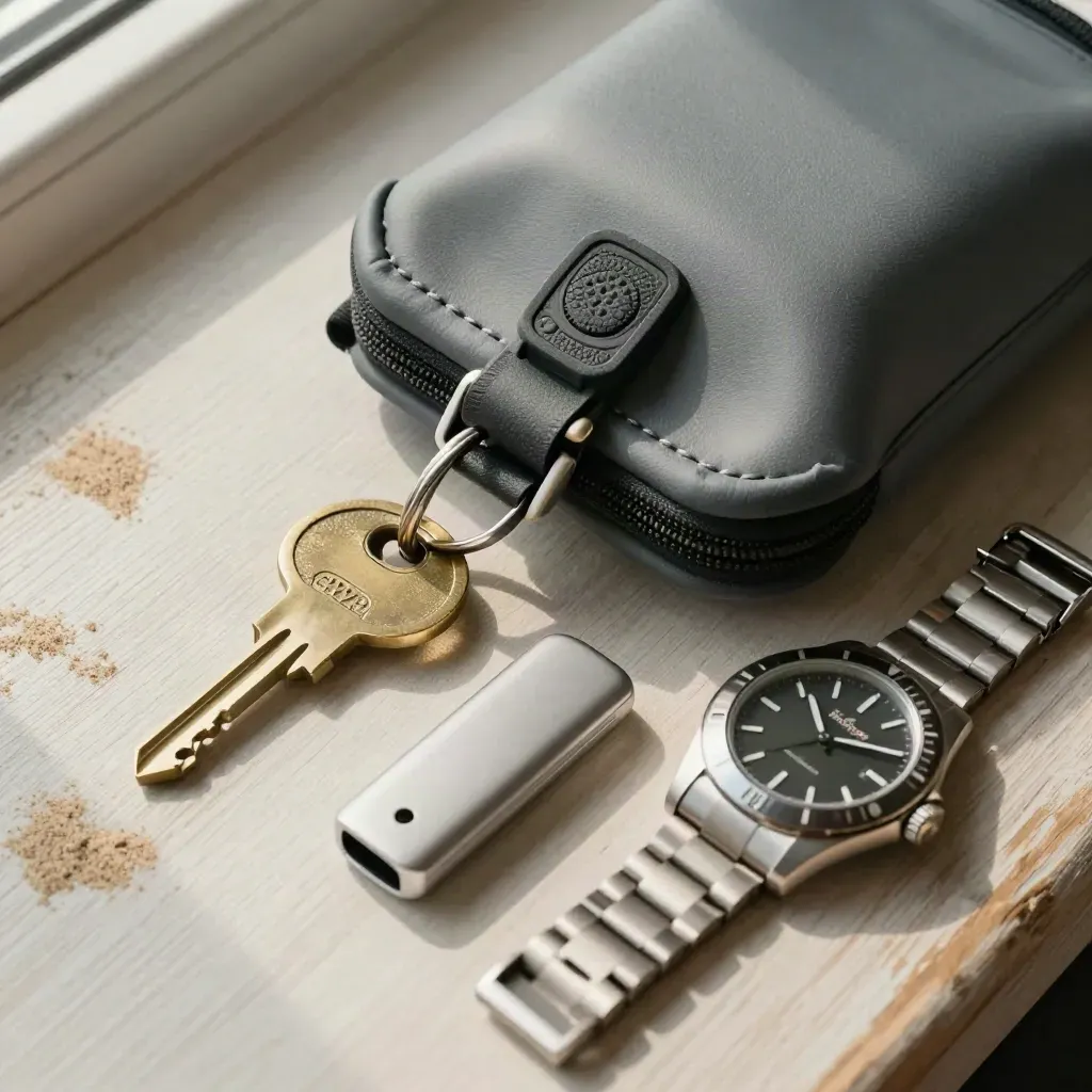 Overhead flatlay of a waterproof trip pouch, boat key, thumb drive and watch on pale wood.