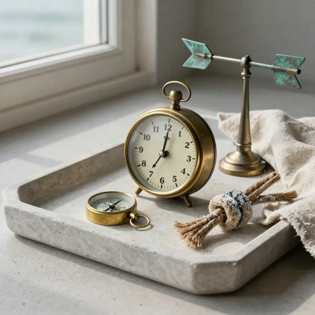 Stone tray still life with tide clock, brass compass, weather vane and knot sample in soft coastal light